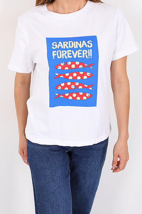 Sardina Baskılı Beyaz Kadın T-Shirt - Berox (1)