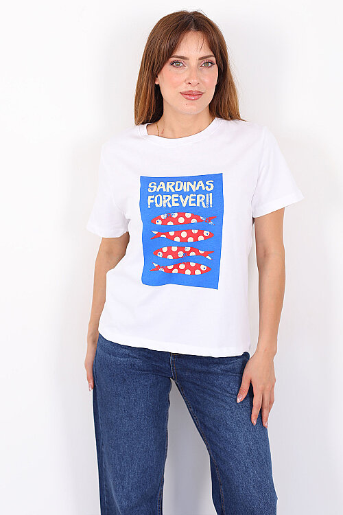 Sardina Baskılı Beyaz Kadın T-Shirt - 4