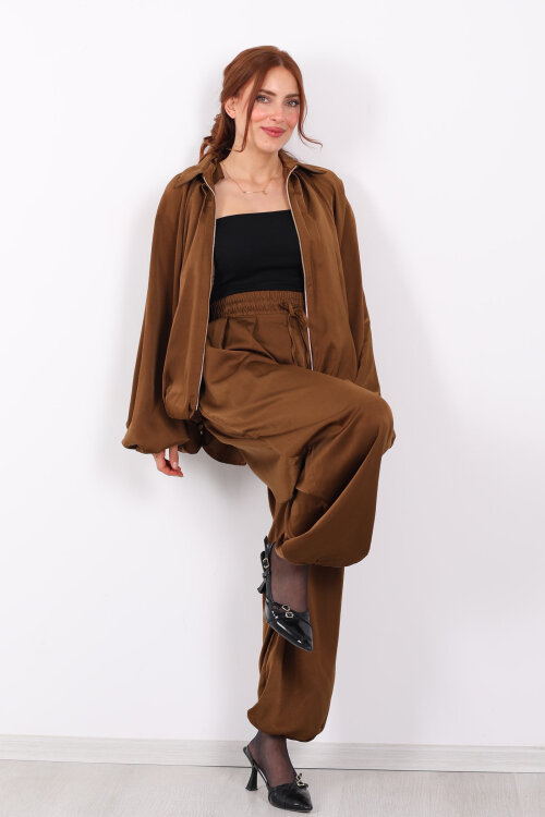 Saten Camel Kadın Bomber Ceket - 3