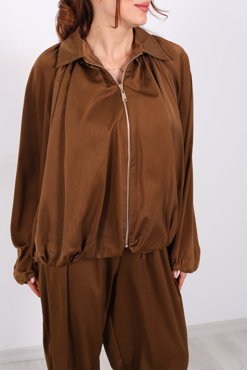 Saten Camel Kadın Bomber Ceket - 2