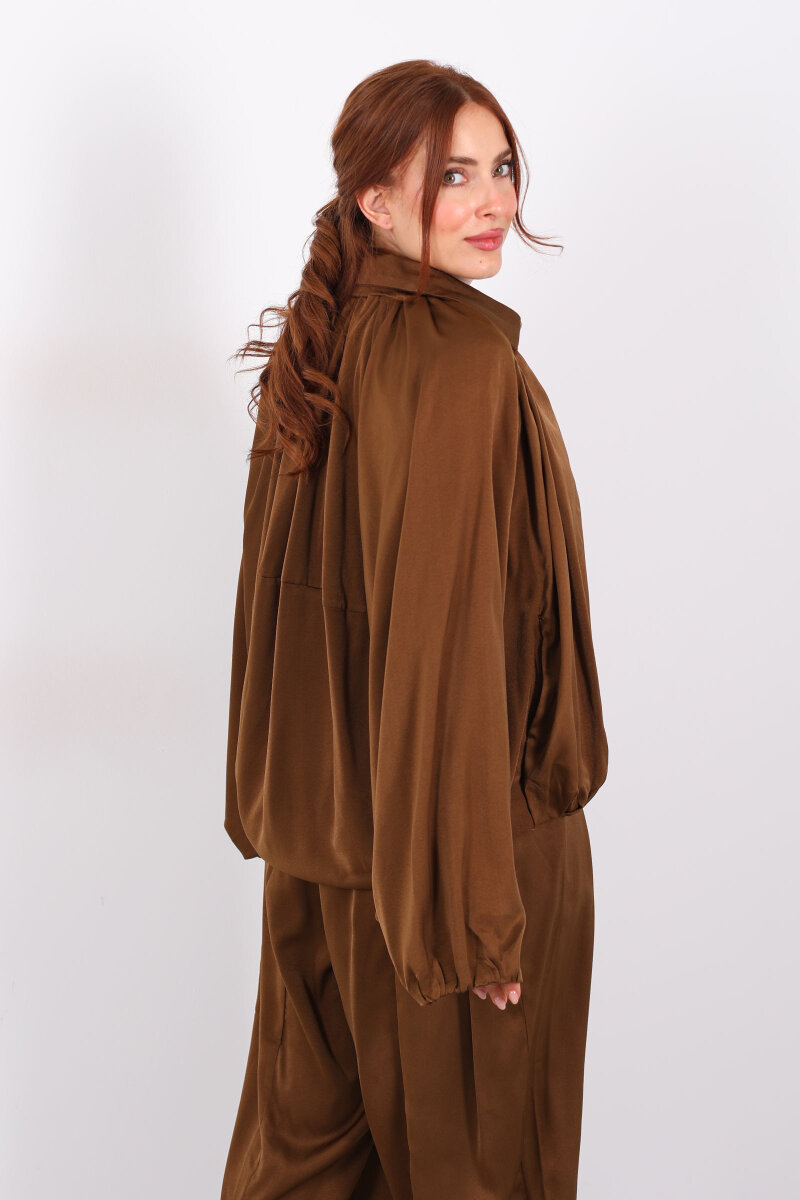 Saten Camel Kadın Bomber Ceket - 5