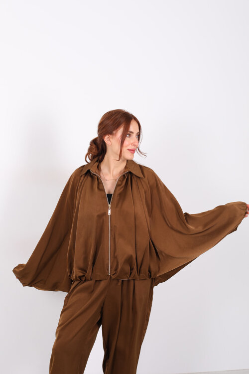 Saten Camel Kadın Bomber Ceket - 6