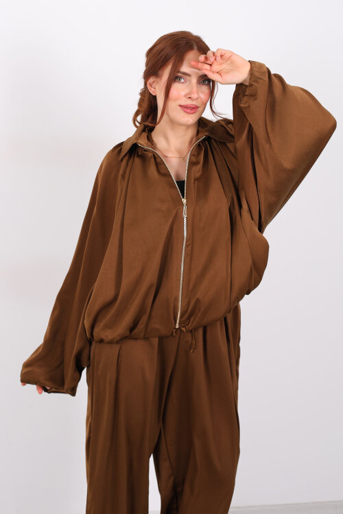 Saten Camel Kadın Bomber Ceket - 4