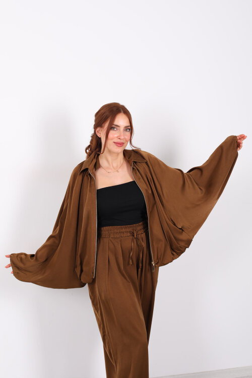 Saten Camel Kadın Bomber Ceket - Berox