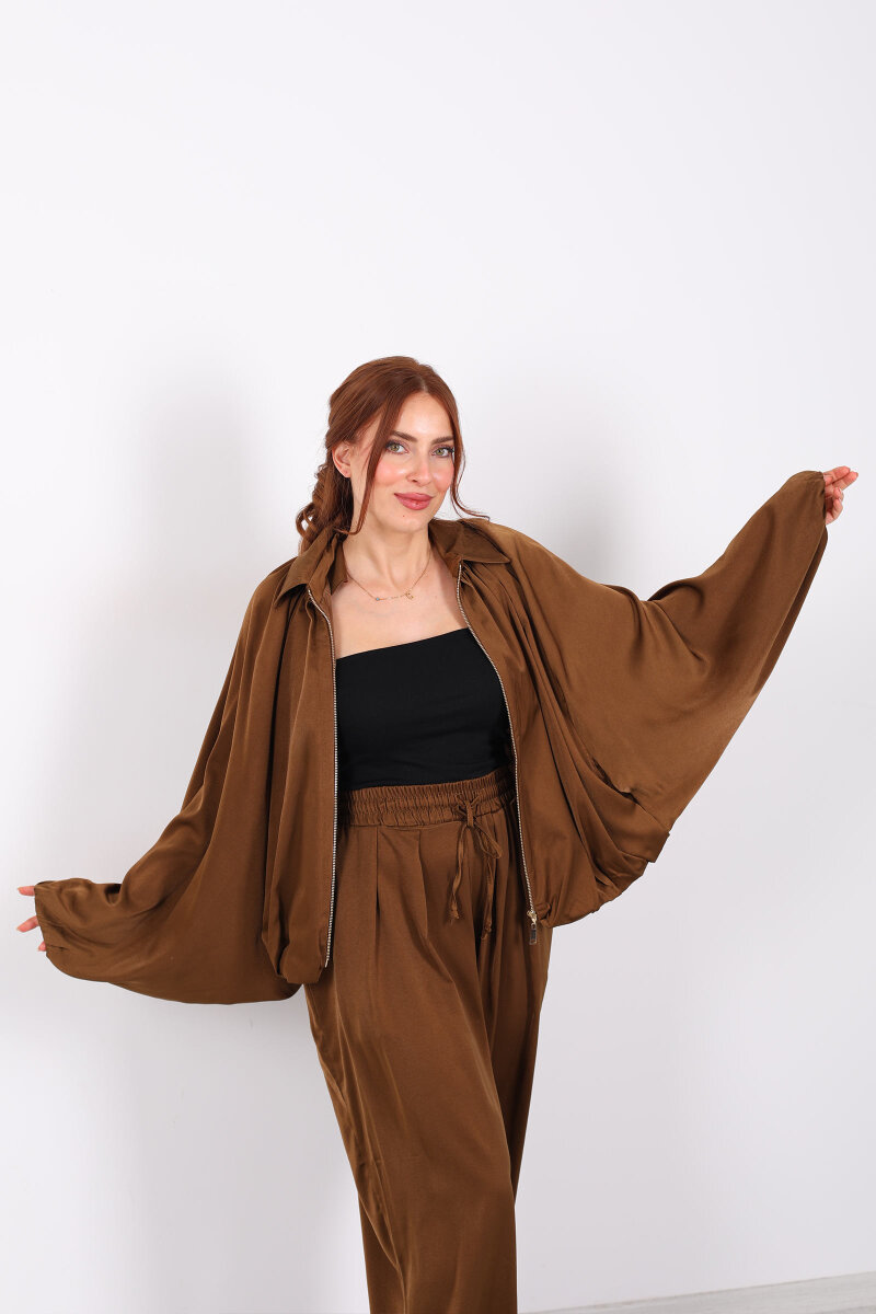 Saten Camel Kadın Bomber Ceket - 1