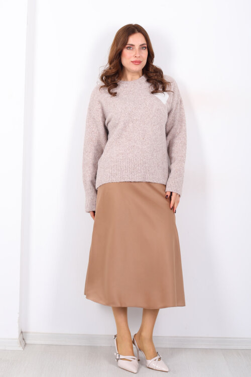 Saten Maxi Camel Kadın Kloş Etek - 7