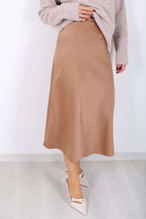 Saten Maxi Camel Kadın Kloş Etek - Berox (1)