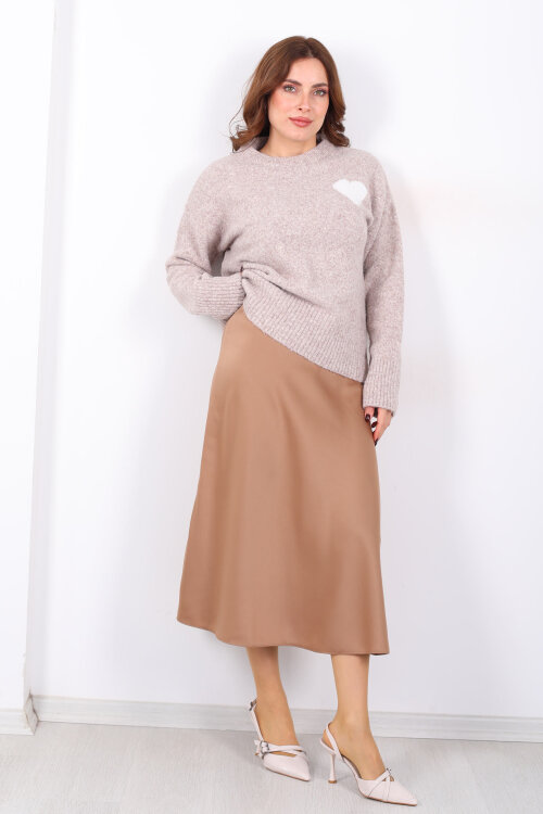 Saten Maxi Camel Kadın Kloş Etek - Berox