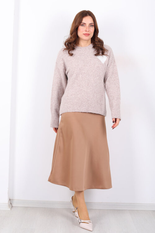 Saten Maxi Camel Kadın Kloş Etek - 5