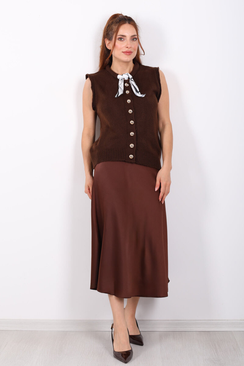Saten Maxi Kahverengi Kadın Kloş Etek - 6