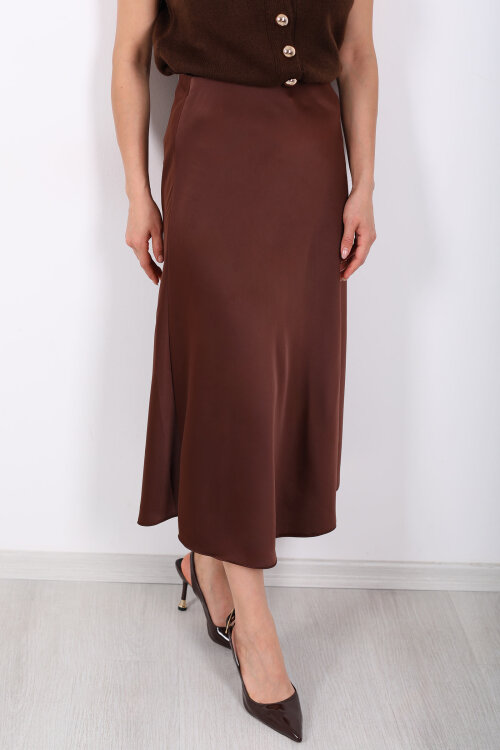 Saten Maxi Kahverengi Kadın Kloş Etek - Berox (1)