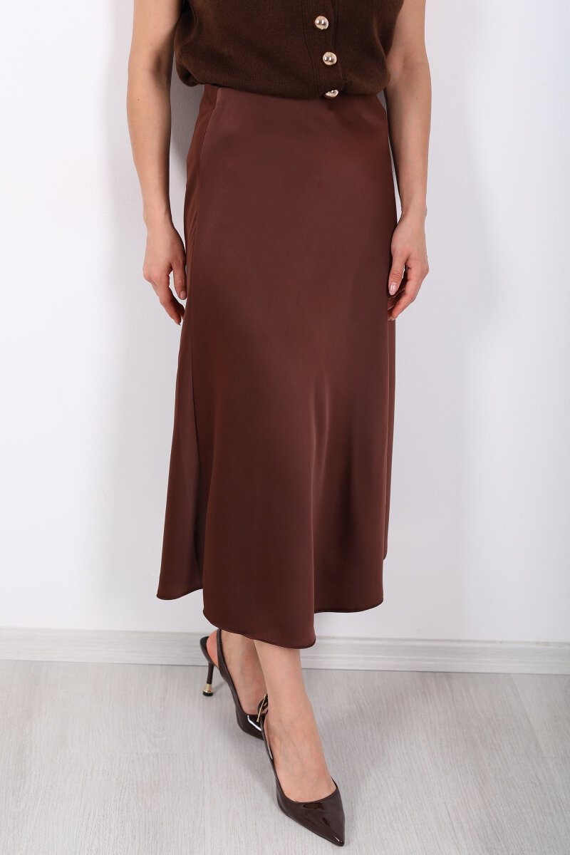Saten Maxi Kahverengi Kadın Kloş Etek - 2
