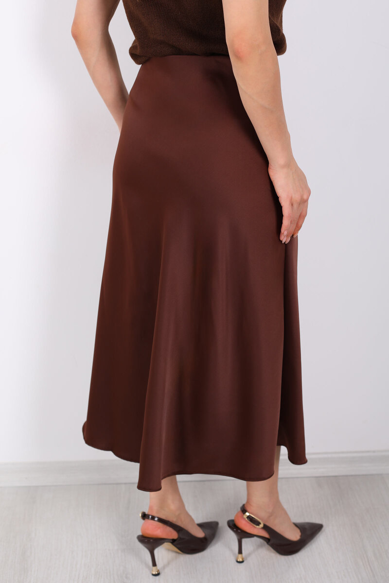 Saten Maxi Kahverengi Kadın Kloş Etek - 5