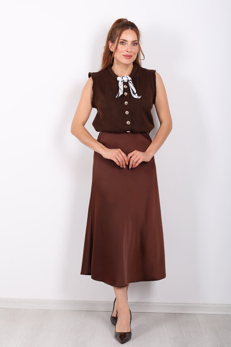 Saten Maxi Kahverengi Kadın Kloş Etek - 1