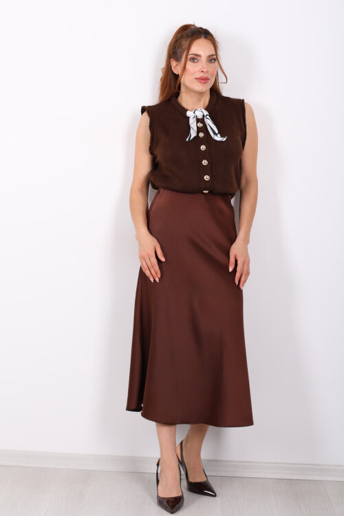 Saten Maxi Kahverengi Kadın Kloş Etek - 4