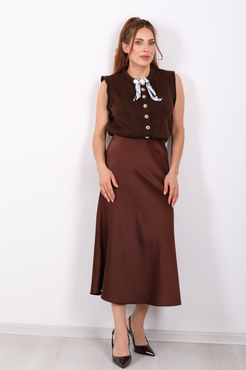 Saten Maxi Kahverengi Kadın Kloş Etek - 4