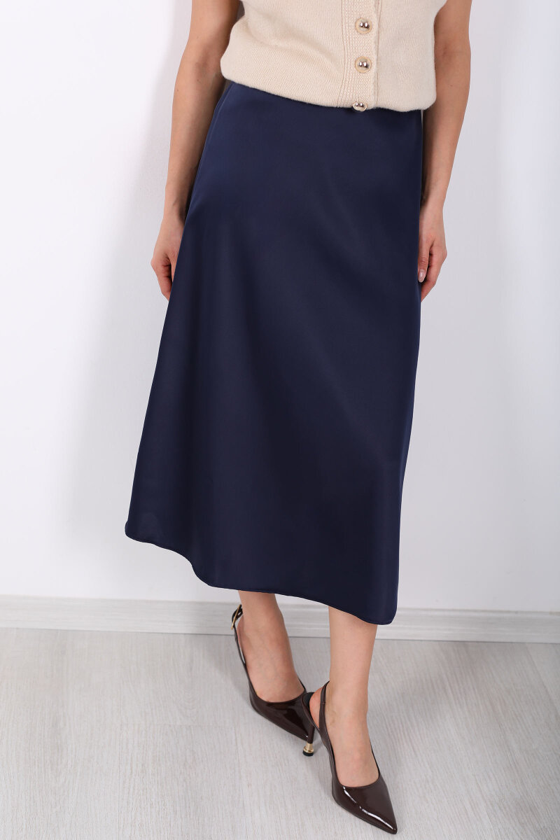 Saten Maxi Lacivert Kadın Kloş Etek - 2
