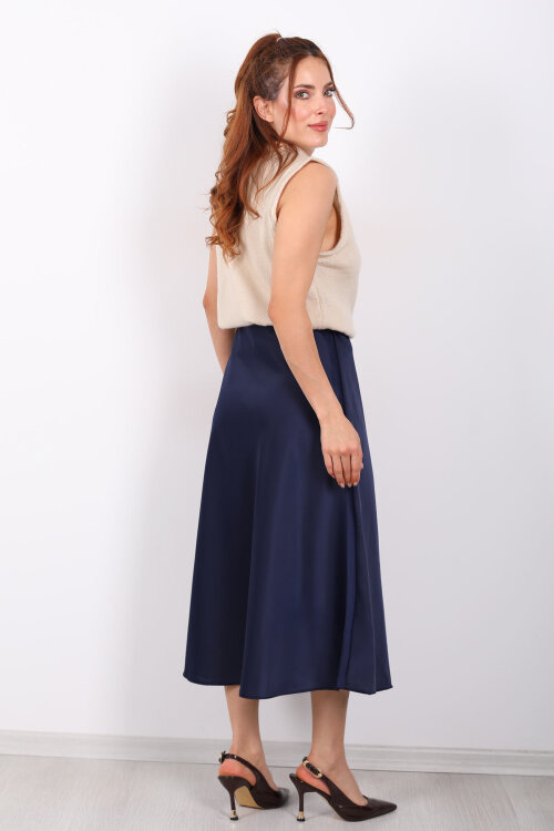 Saten Maxi Lacivert Kadın Kloş Etek - 5