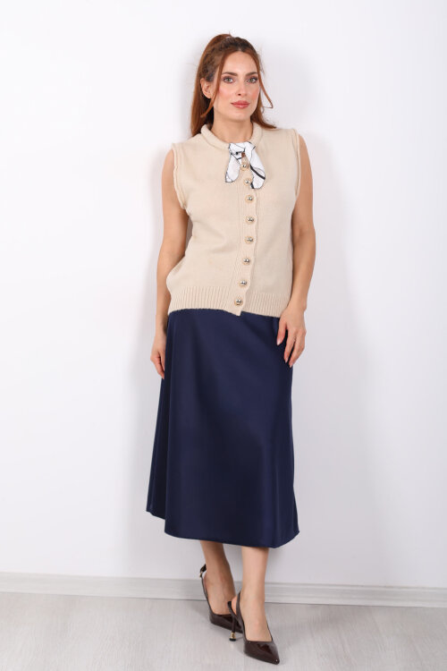 Saten Maxi Lacivert Kadın Kloş Etek - 3