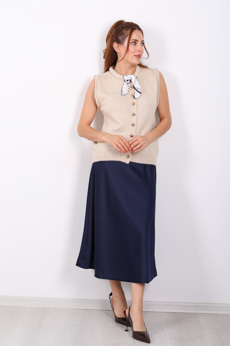 Saten Maxi Lacivert Kadın Kloş Etek - 4