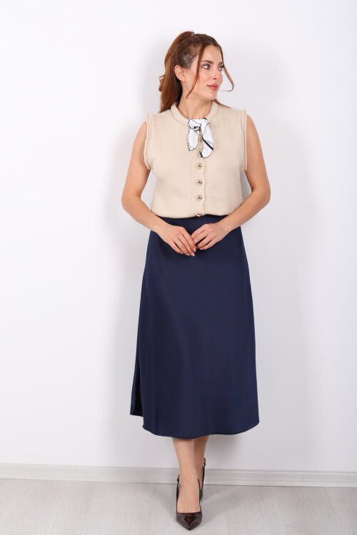 Saten Maxi Lacivert Kadın Kloş Etek - Berox