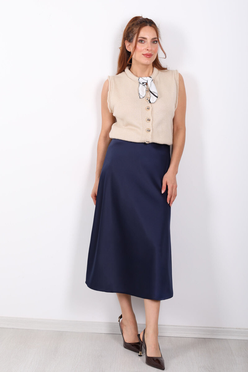 Saten Maxi Lacivert Kadın Kloş Etek - 6