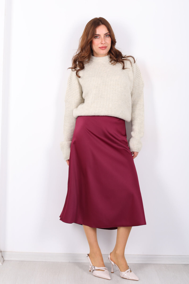 Saten Maxi Mürdüm Kadın Kloş Etek - 3