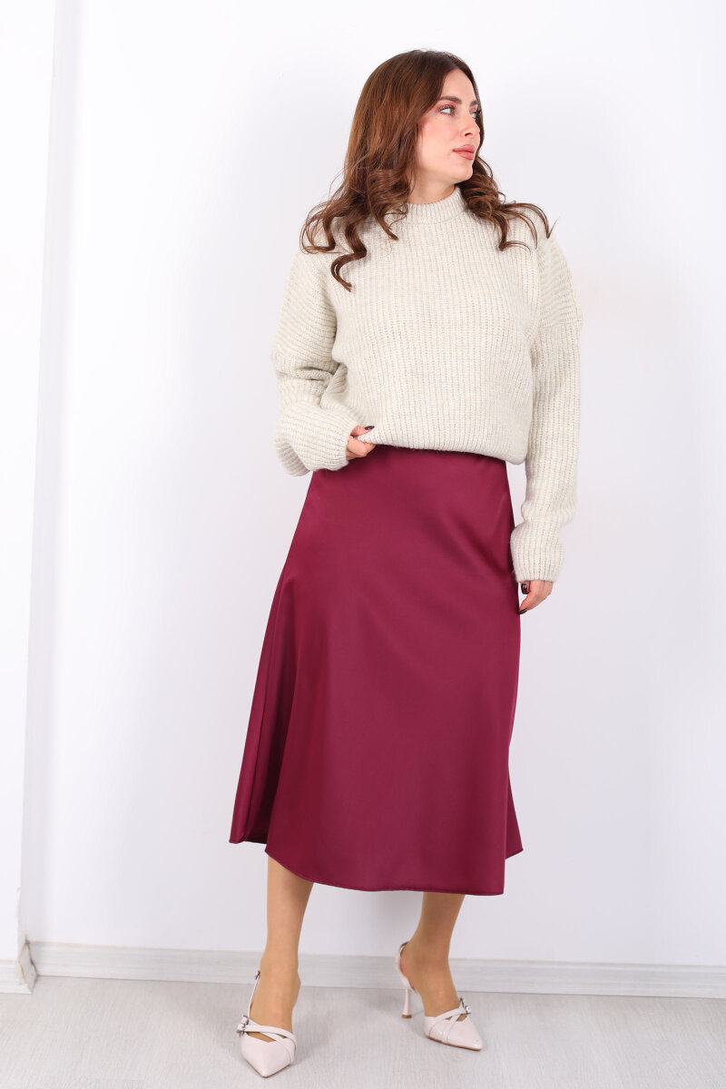 Saten Maxi Mürdüm Kadın Kloş Etek - 6