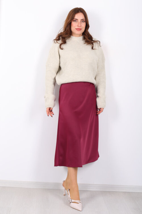 Saten Maxi Mürdüm Kadın Kloş Etek - Berox