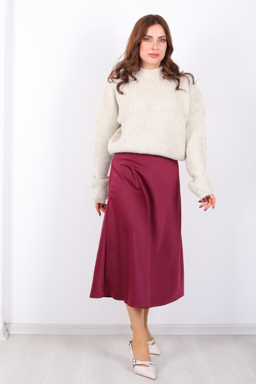 Saten Maxi Mürdüm Kadın Kloş Etek - 4