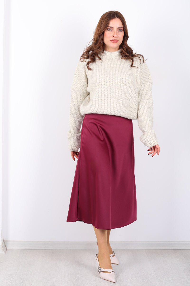 Saten Maxi Mürdüm Kadın Kloş Etek - 4