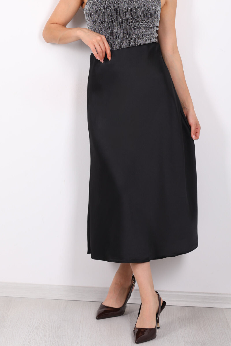 Saten Maxi Siyah Kadın Kloş Etek - 2