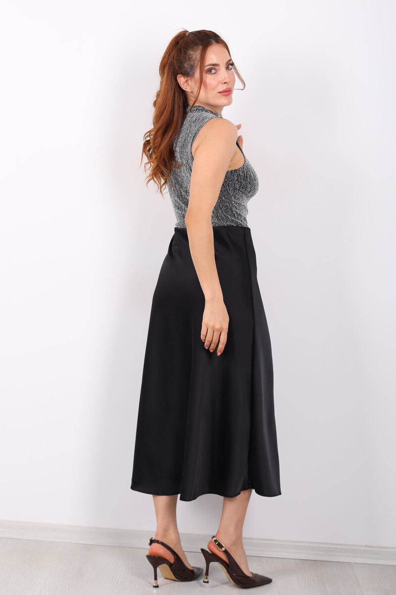 Saten Maxi Siyah Kadın Kloş Etek - 5