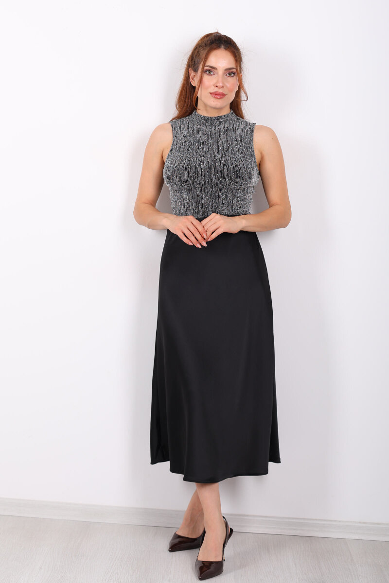 Saten Maxi Siyah Kadın Kloş Etek - 4