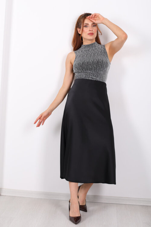 Saten Maxi Siyah Kadın Kloş Etek - 3