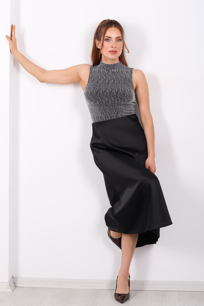 Saten Maxi Siyah Kadın Kloş Etek - 1