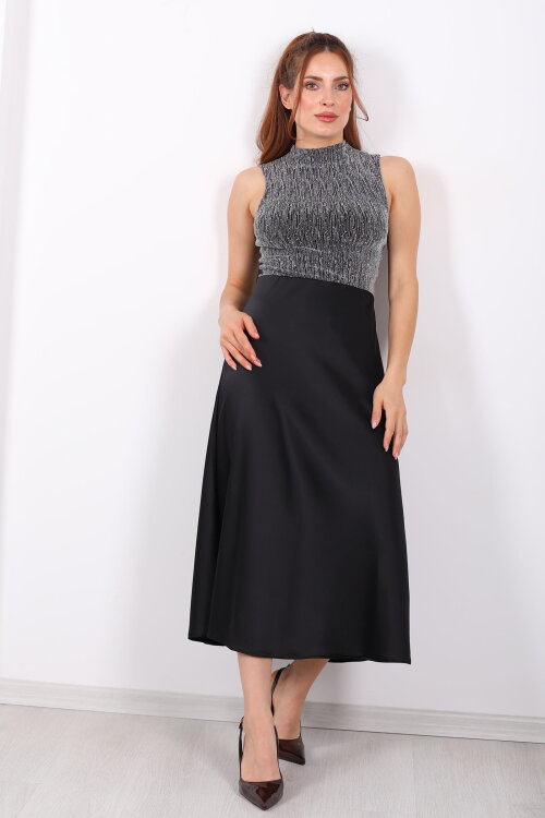 Saten Maxi Siyah Kadın Kloş Etek - 6