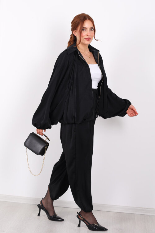 Saten Siyah Kadın Bomber Ceket - 3