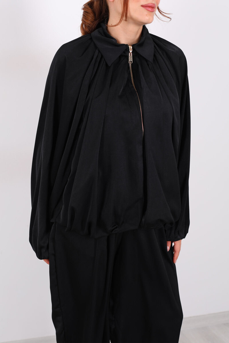 Saten Siyah Kadın Bomber Ceket - 2