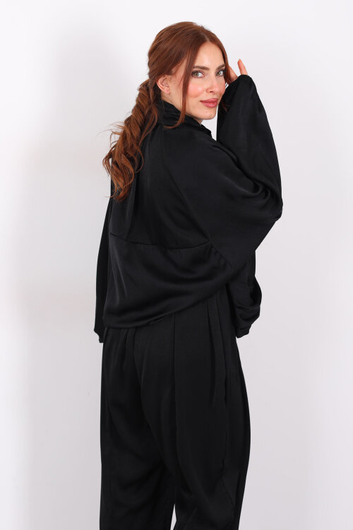 Saten Siyah Kadın Bomber Ceket - 5