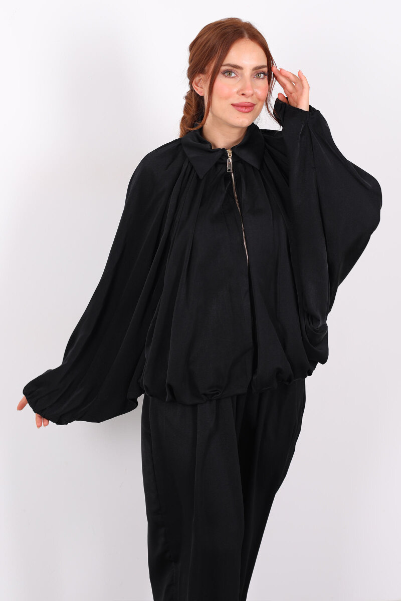 Saten Siyah Kadın Bomber Ceket - 4