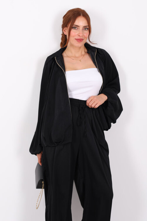 Saten Siyah Kadın Bomber Ceket - 6