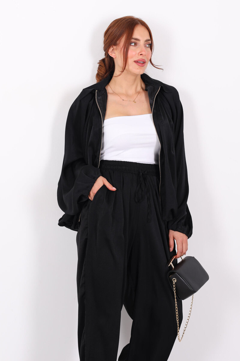 Saten Siyah Kadın Bomber Ceket - 1