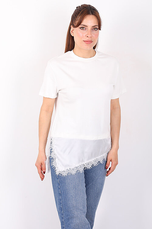 Saten Ve Güpür Garnili Kadın Beyaz Asimetrik T-Shirt - Berox