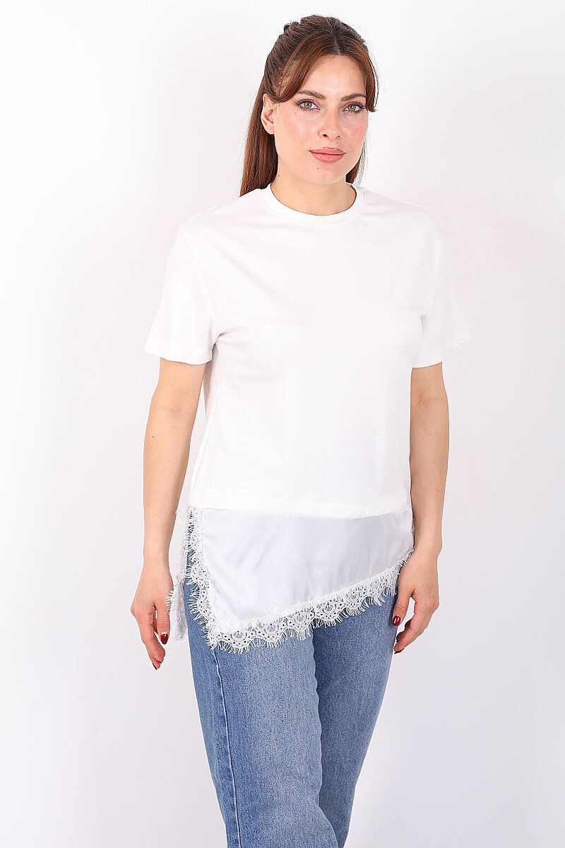 Saten Ve Güpür Garnili Kadın Beyaz Asimetrik T-Shirt - 1