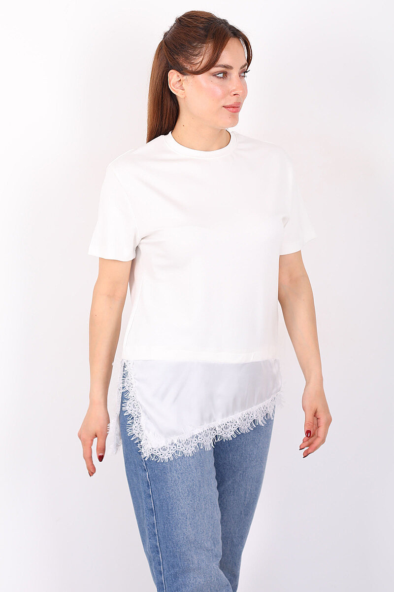 Saten Ve Güpür Garnili Kadın Beyaz Asimetrik T-Shirt - 3