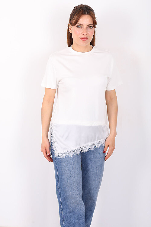 Saten Ve Güpür Garnili Kadın Beyaz Asimetrik T-Shirt - 5