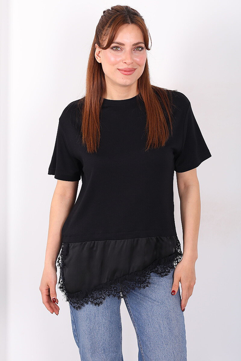 Saten Ve Güpür Garnili Kadın Siyah Asimetrik T-Shirt - 4