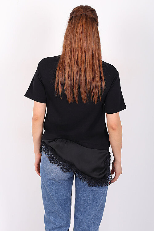 Saten Ve Güpür Garnili Kadın Siyah Asimetrik T-Shirt - 5