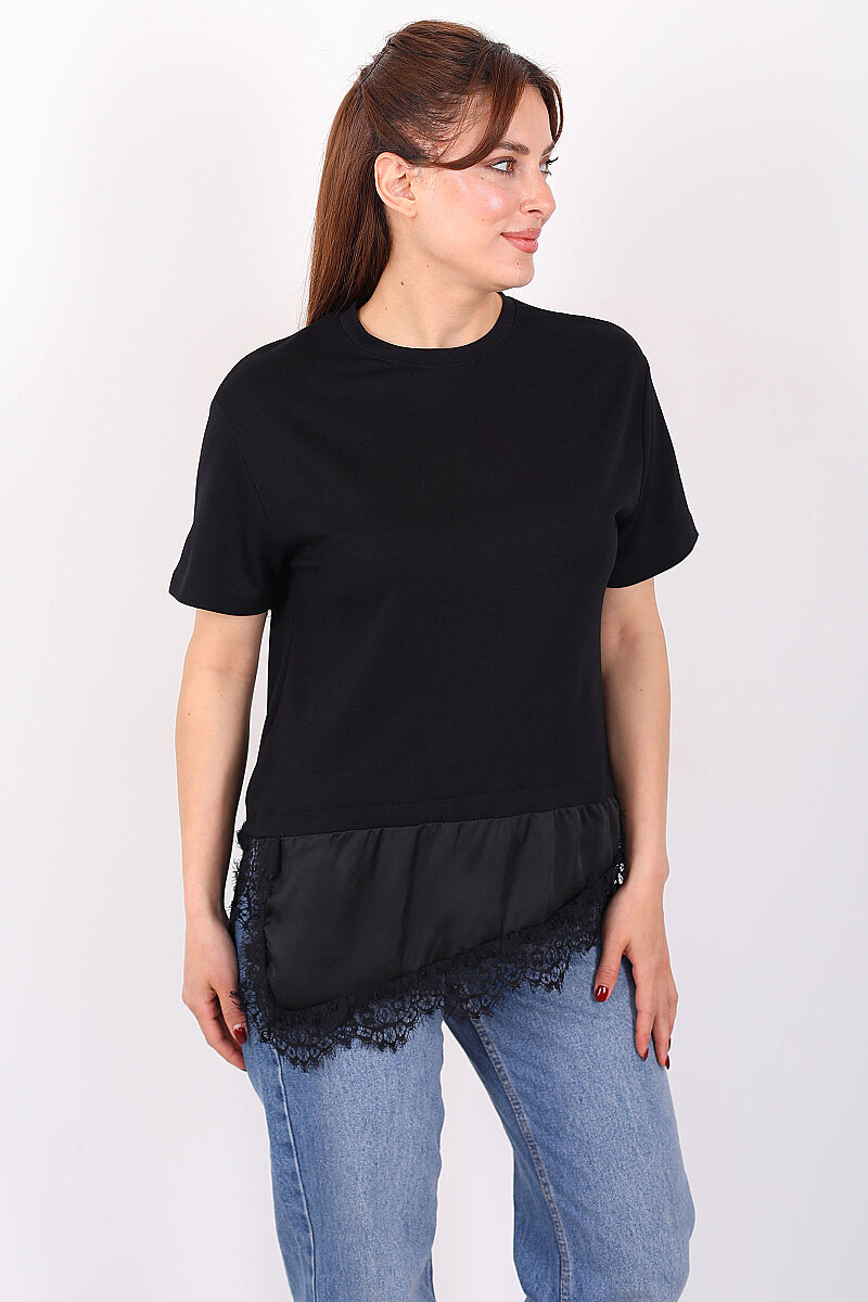 Saten Ve Güpür Garnili Kadın Siyah Asimetrik T-Shirt - 1